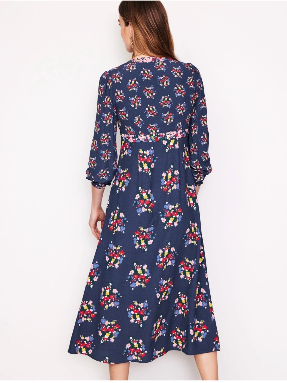 Boden Imelda Border Print Midi Dress French Navy, Poppy Bouquet R12 Floral - Picture 2 of 15